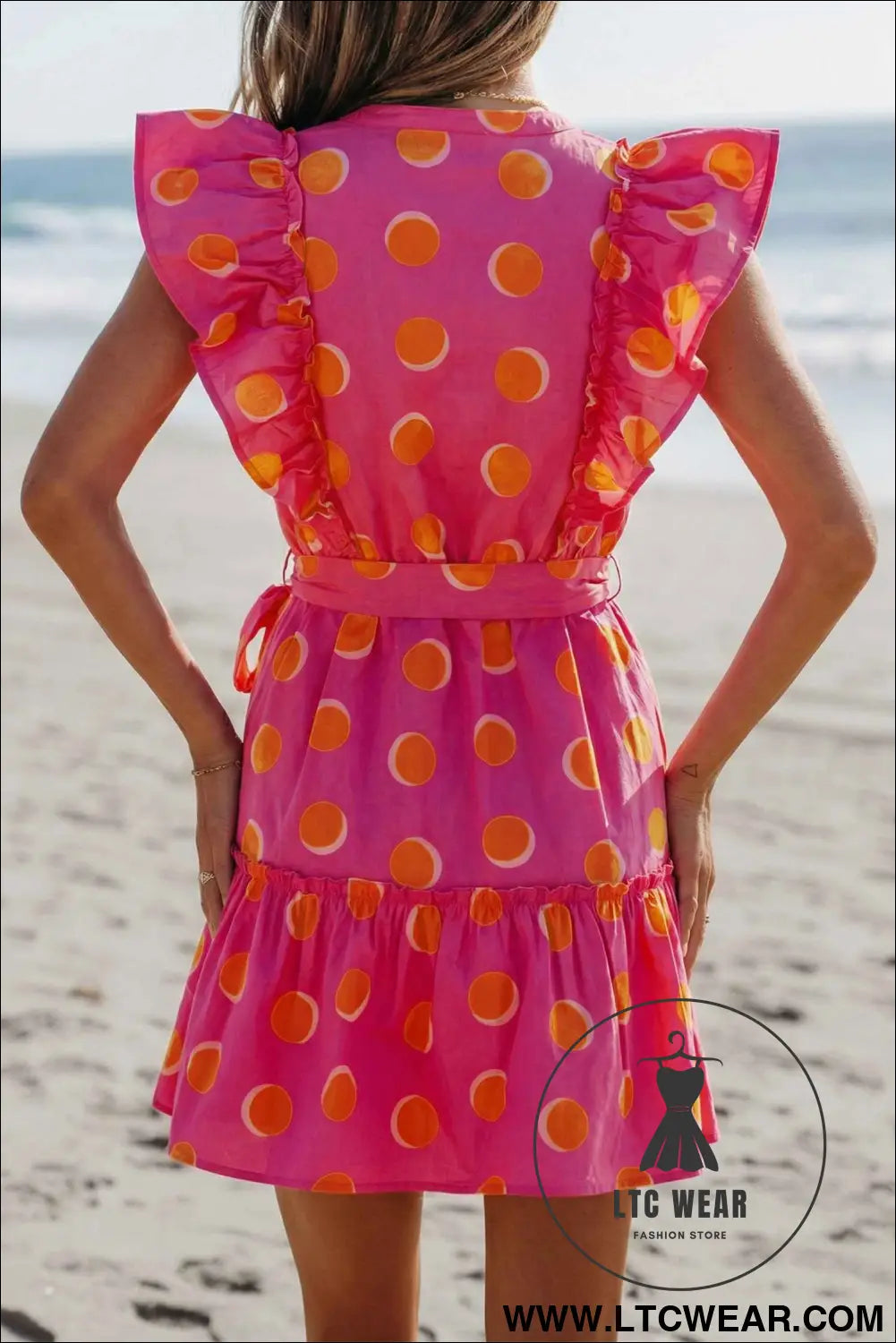 Rose Double Polka Dot V Neck Ruffled Short Sleeve Dress