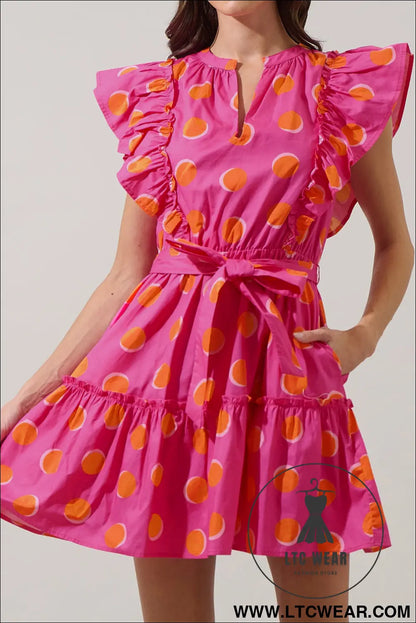 Rose Double Polka Dot V Neck Ruffled Short Sleeve Dress - L.T.C Wear Online Fashion Store