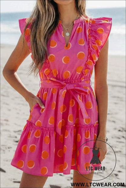 Rose Double Polka Dot V Neck Ruffled Short Sleeve Dress