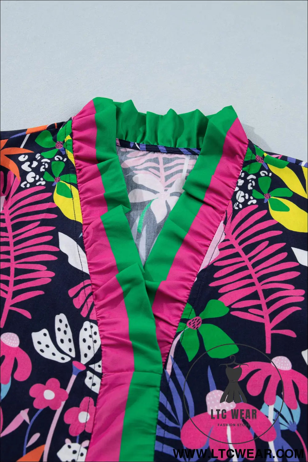 Rose Floral Print Frilled Contrast Striped Trim V Neck Short Sleeve Blouse - L.T.C Wear Online Fashion Store