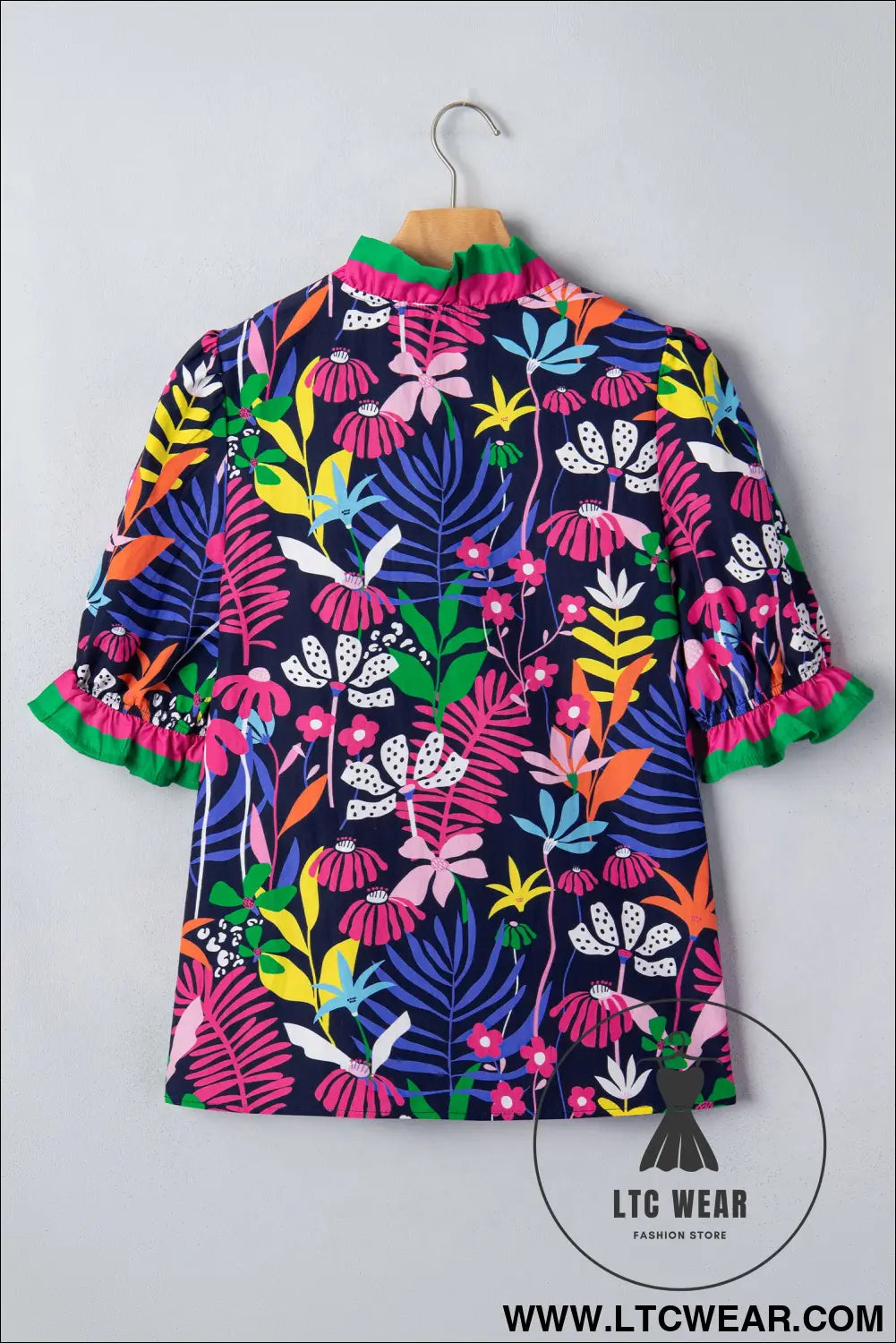 Rose Floral Print Frilled Contrast Striped Trim V Neck Short Sleeve Blouse - L.T.C Wear Online Fashion Store
