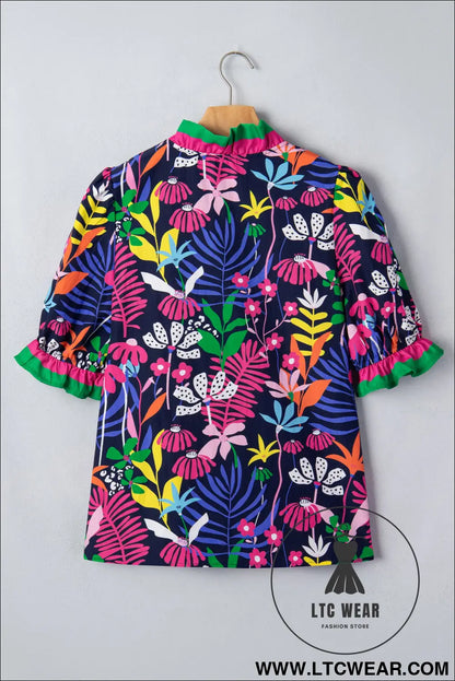 Rose Floral Print Frilled Contrast Striped Trim V Neck Short Sleeve Blouse - L.T.C Wear Online Fashion Store