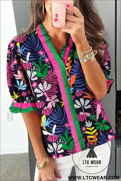 Rose Floral Print Frilled Contrast Striped Trim V Neck Short Sleeve Blouse