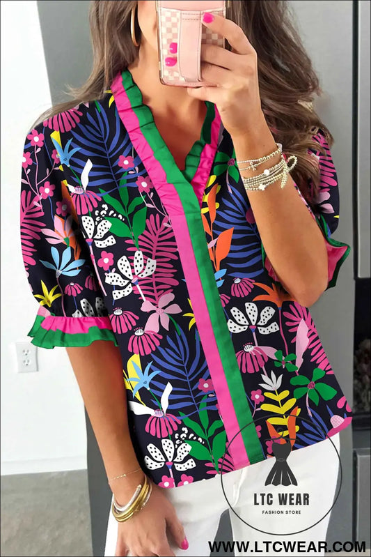 Rose Floral Print Frilled Contrast Striped Trim V Neck Short Sleeve Blouse