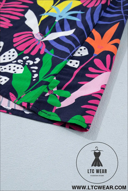 Rose Floral Print Frilled Contrast Striped Trim V Neck Short Sleeve Blouse - L.T.C Wear Online Fashion Store