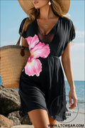 Rose floral print v neck semi sheer beach cover up dress - rose / 2xl / 95% polyester + 5% elastane - beach cover-ups