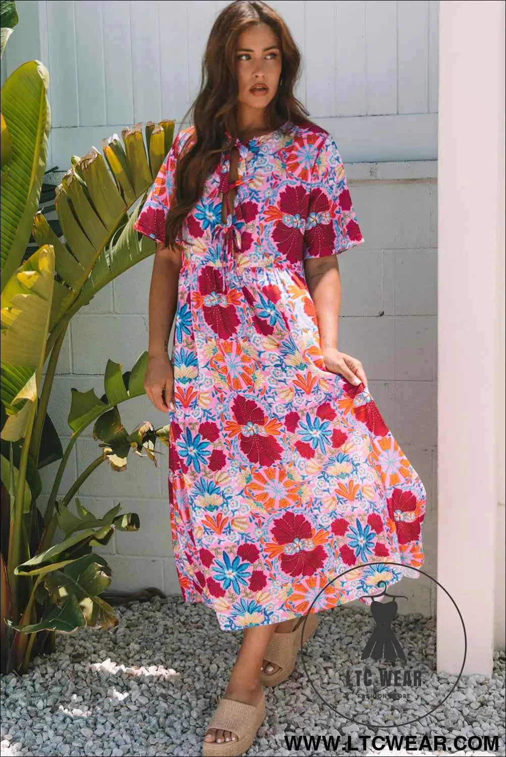 Rose Floral Tied Front High Waist Short Sleeve Loose Long Dress