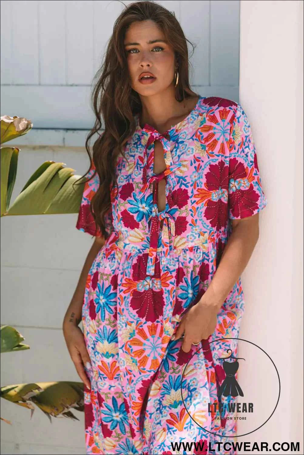 Rose Floral Tied Front High Waist Short Sleeve Loose Long Dress