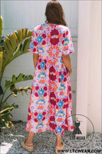 Rose Floral Tied Front High Waist Short Sleeve Loose Long Dress
