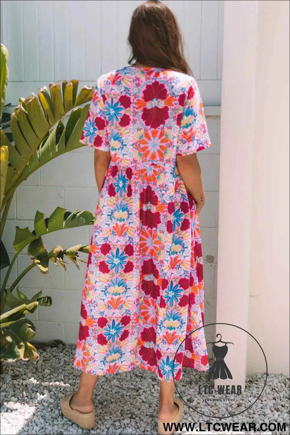 Rose Floral Tied Front High Waist Short Sleeve Loose Long Dress