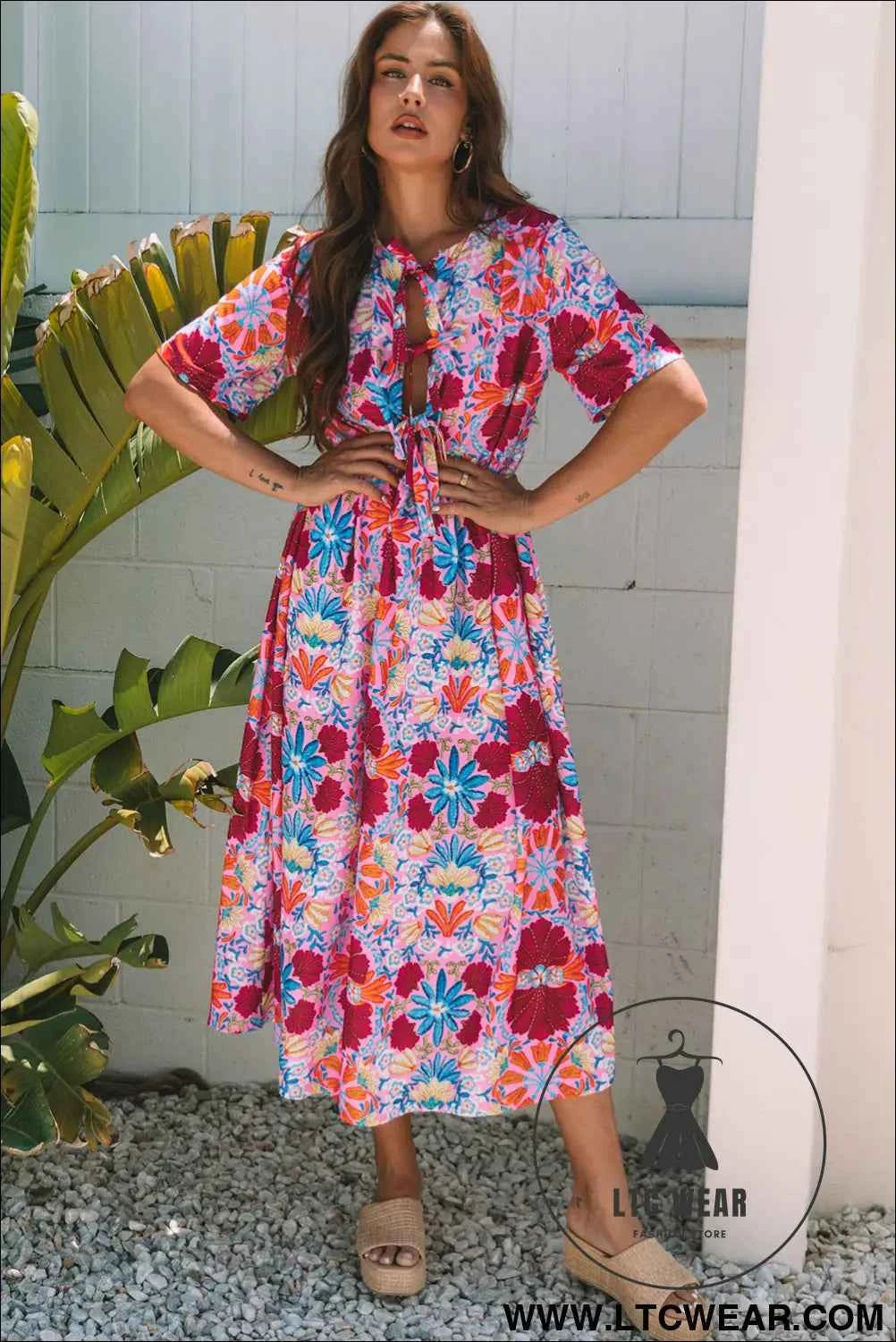 Rose Floral Tied Front High Waist Short Sleeve Loose Long Dress