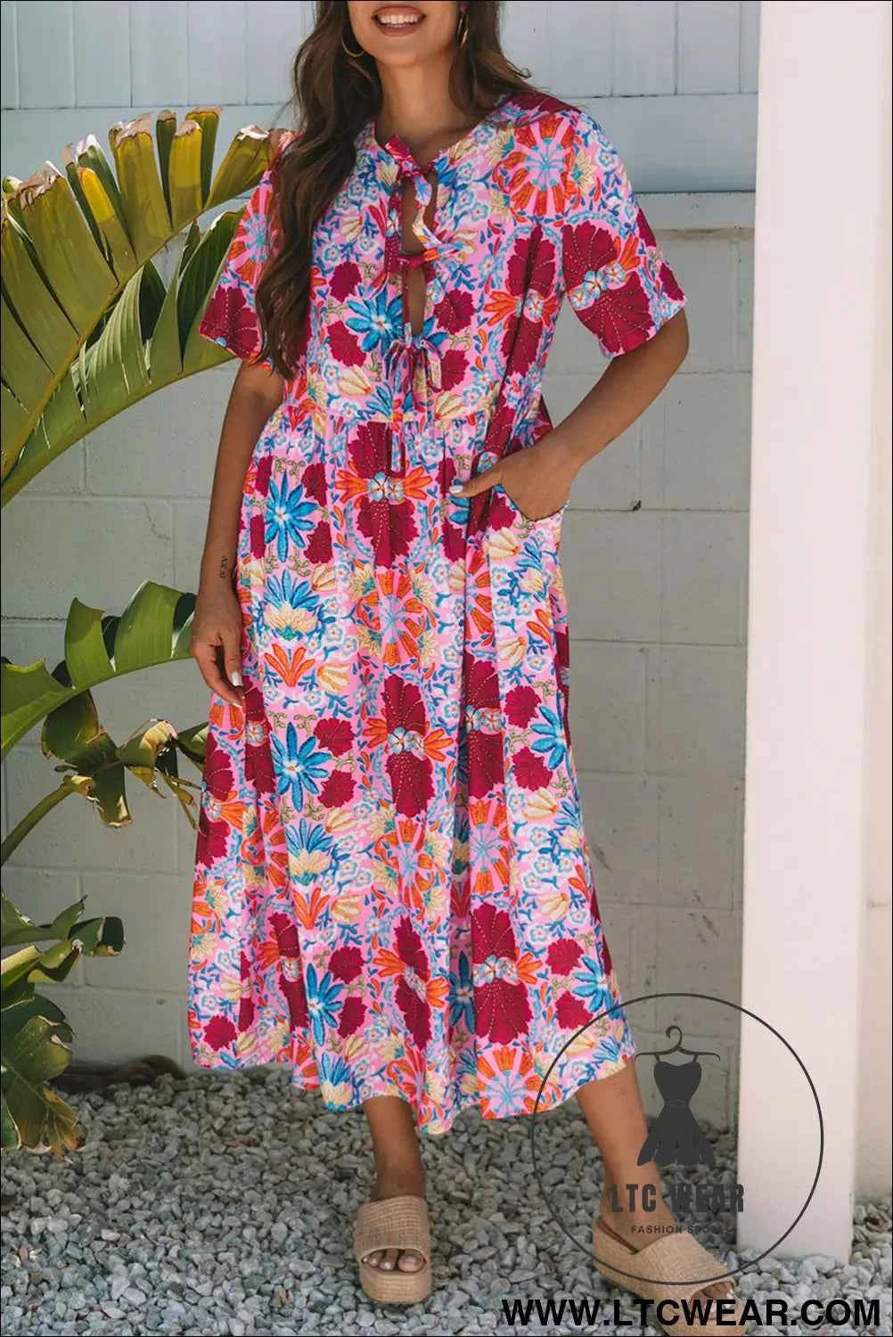 Rose Floral Tied Front High Waist Short Sleeve Loose Long Dress