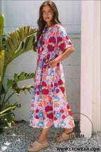 Rose Floral Tied Front High Waist Short Sleeve Loose Long Dress