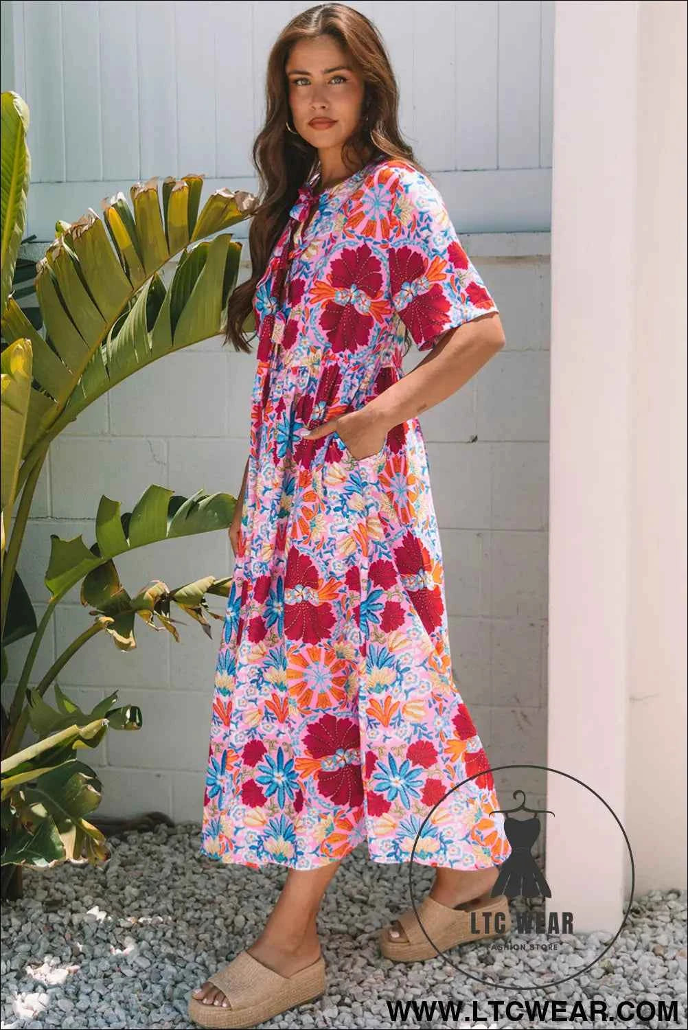 Rose Floral Tied Front High Waist Short Sleeve Loose Long Dress