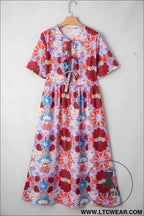 Rose Floral Tied Front High Waist Short Sleeve Loose Long Dress