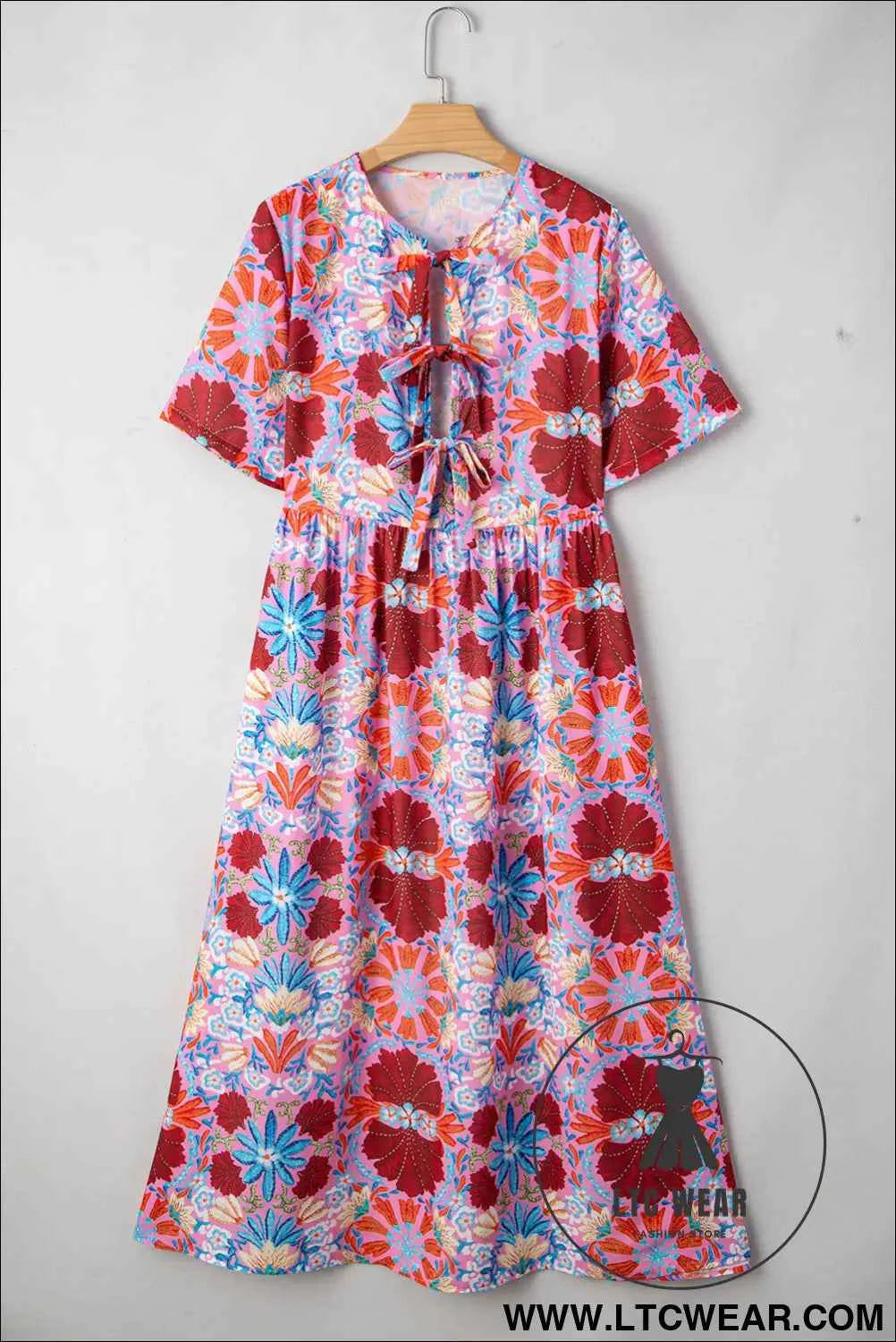 Rose Floral Tied Front High Waist Short Sleeve Loose Long Dress