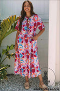 Rose Floral Tied Front High Waist Short Sleeve Loose Long Dress