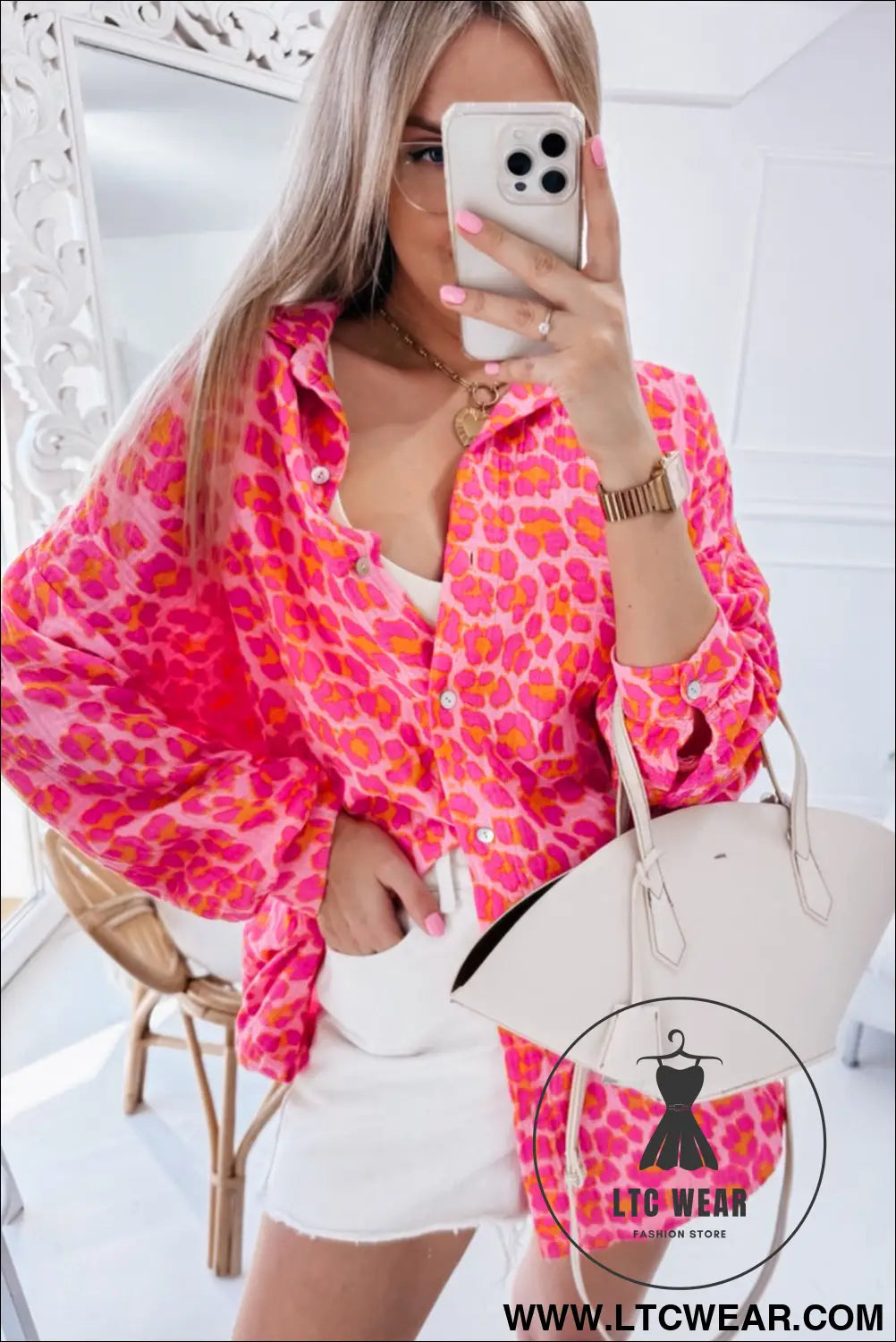Rose leopard print button-up crinkle shirt - 15%