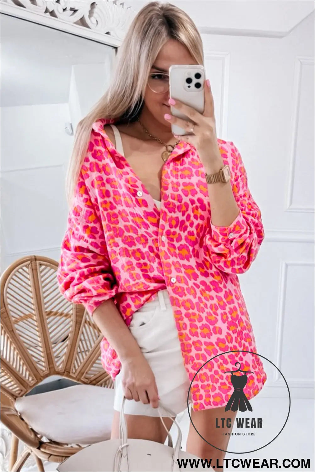 Rose leopard print button-up crinkle shirt - 15%