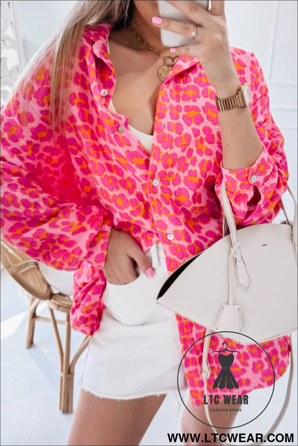 Rose leopard print button-up crinkle shirt - rose / l / 100% cotton - 15%