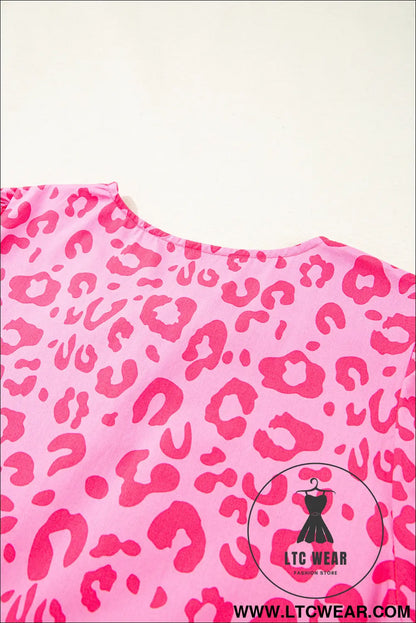 Rose leopard puff sleeve tie front high waist mini dress - mini dresses