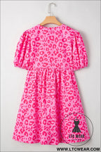 Rose leopard puff sleeve tie front high waist mini dress - mini dresses