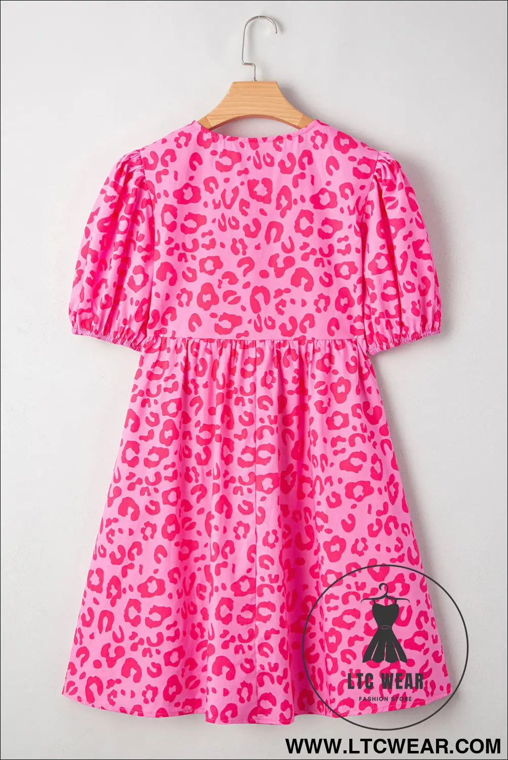 Rose leopard puff sleeve tie front high waist mini dress - mini dresses