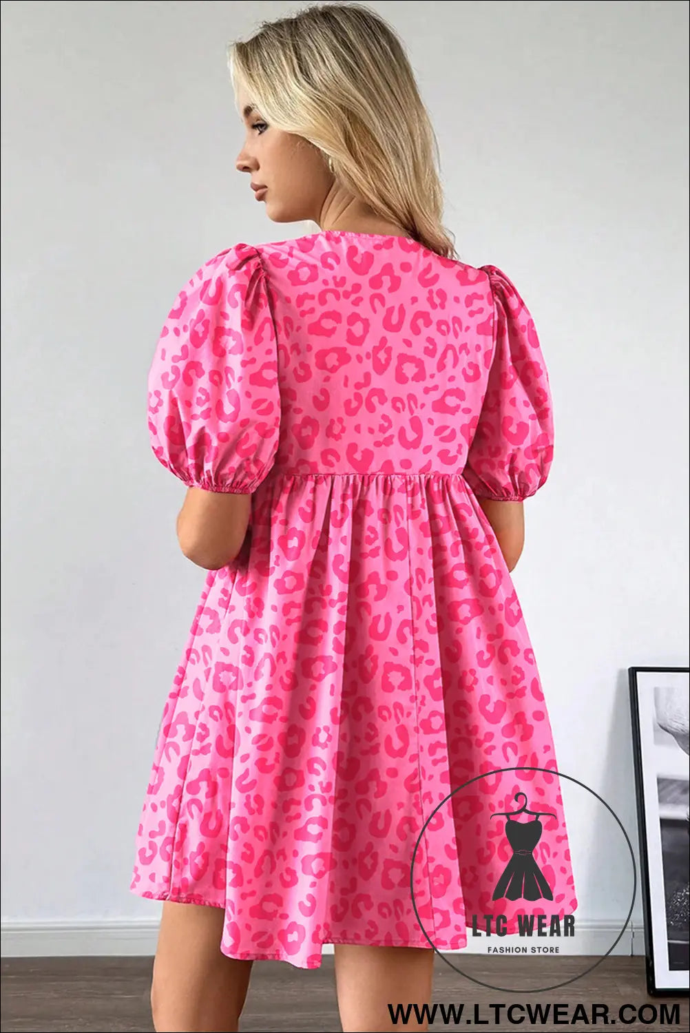Rose leopard puff sleeve tie front high waist mini dress - mini dresses