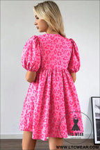 Rose leopard puff sleeve tie front high waist mini dress - mini dresses