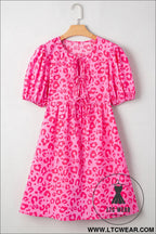 Rose leopard puff sleeve tie front high waist mini dress - mini dresses
