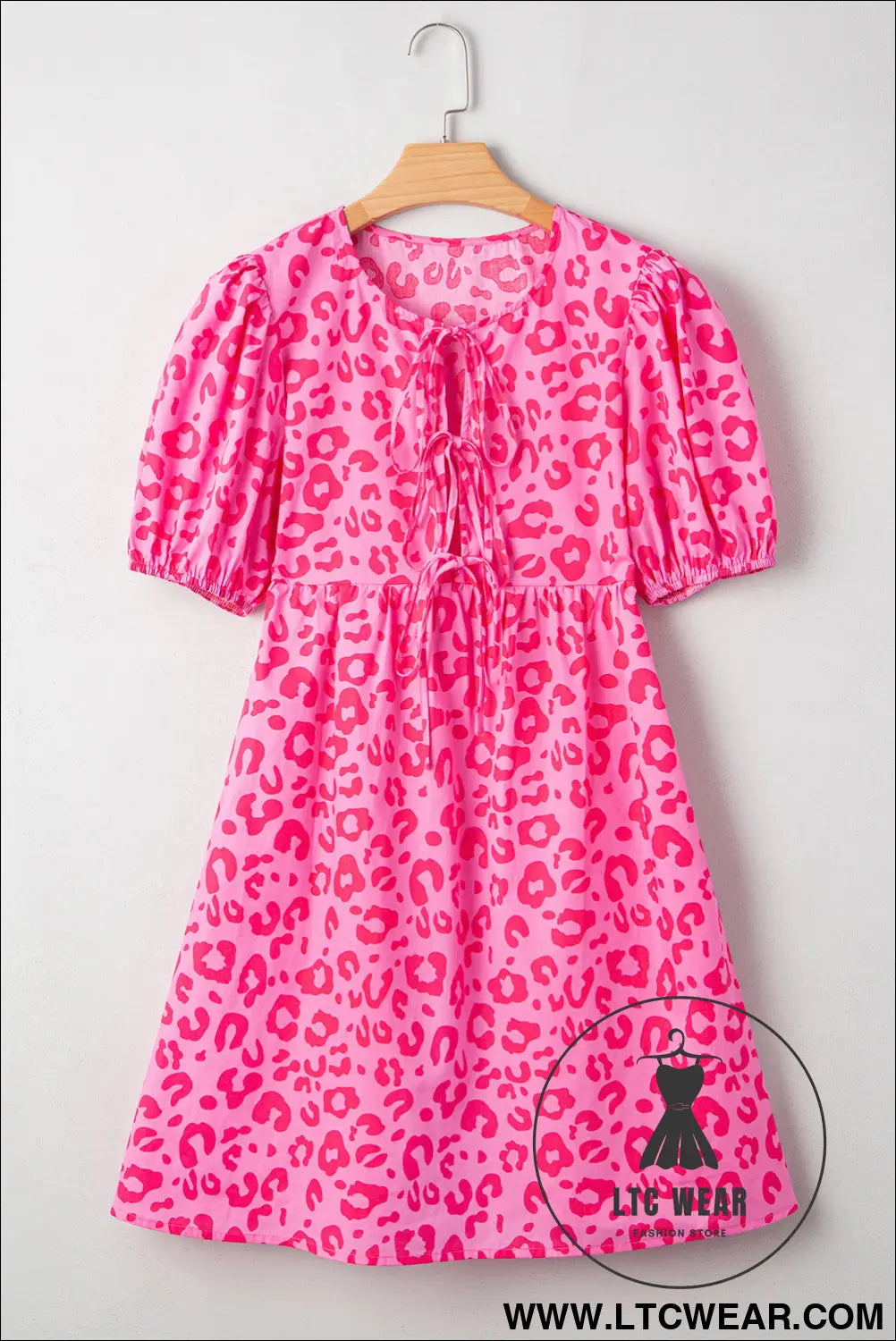 Rose leopard puff sleeve tie front high waist mini dress - mini dresses