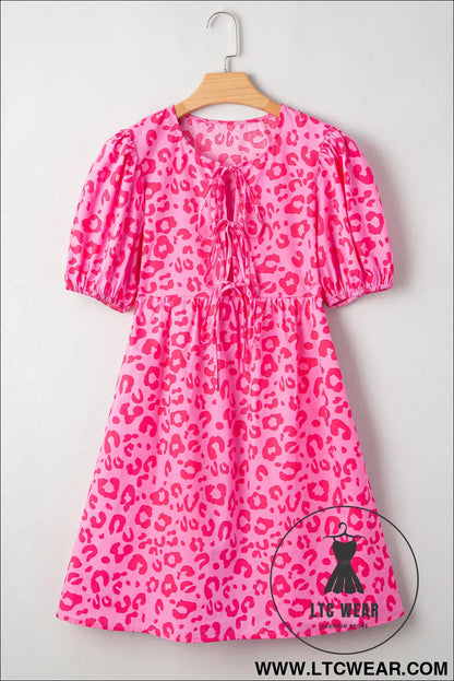 Rose leopard puff sleeve tie front high waist mini dress - mini dresses