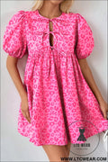 Rose leopard puff sleeve tie front high waist mini dress - rose / l / 100% cotton - mini dresses