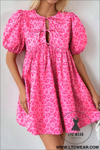 Rose leopard puff sleeve tie front high waist mini dress - rose / l / 100% cotton - mini dresses