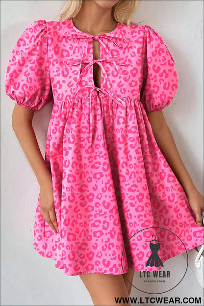 Rose leopard puff sleeve tie front high waist mini dress - rose / l / 100% cotton - mini dresses