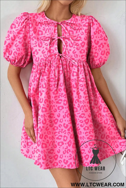 Rose leopard puff sleeve tie front high waist mini dress - rose / l / 100% cotton - mini dresses