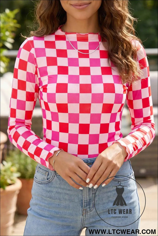 Rose Plaid Mesh Sheer Long Sleeve Top