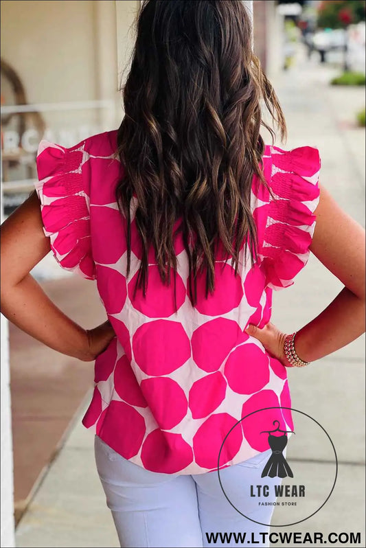 Rose Polka Dot Pattern Frill Neck Flutter Sleeve Top