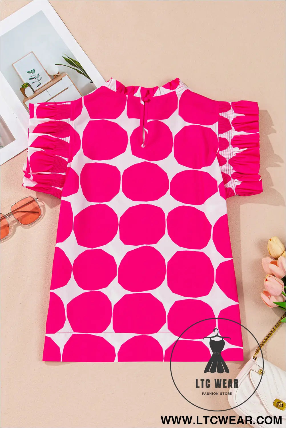 Rose Polka Dot Pattern Frill Neck Flutter Sleeve Top - L.T.C Wear Online Fashion Store