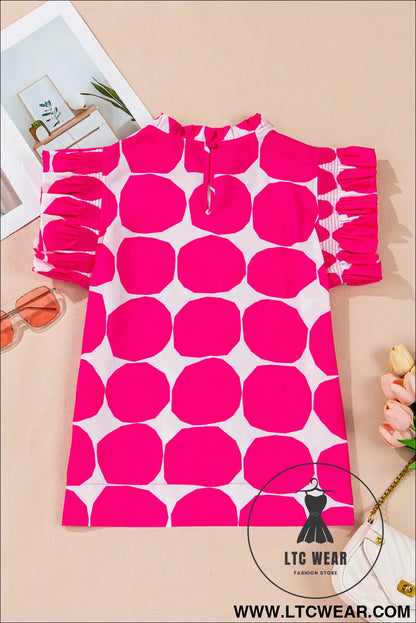 Rose Polka Dot Pattern Frill Neck Flutter Sleeve Top - L.T.C Wear Online Fashion Store