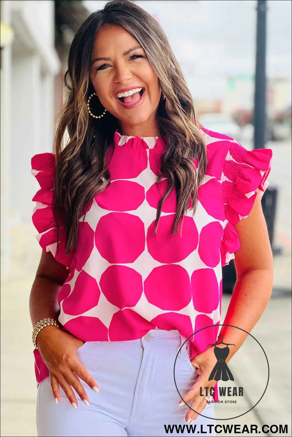 Rose Polka Dot Pattern Frill Neck Flutter Sleeve Top