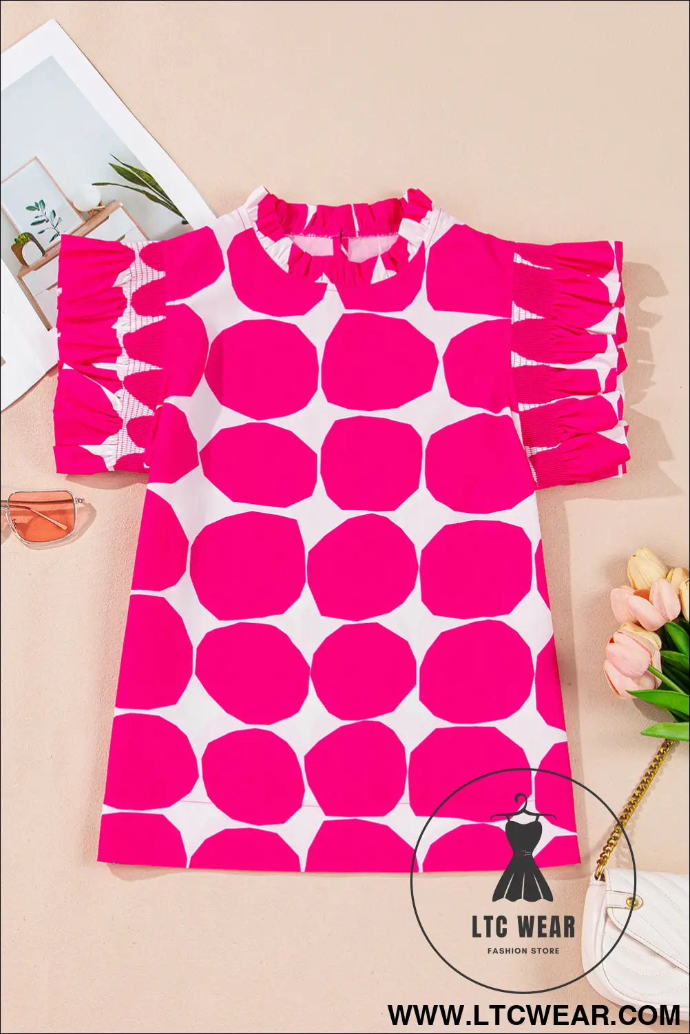 Rose Polka Dot Pattern Frill Neck Flutter Sleeve Top - L.T.C Wear Online Fashion Store