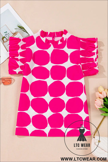 Rose Polka Dot Pattern Frill Neck Flutter Sleeve Top - L.T.C Wear Online Fashion Store