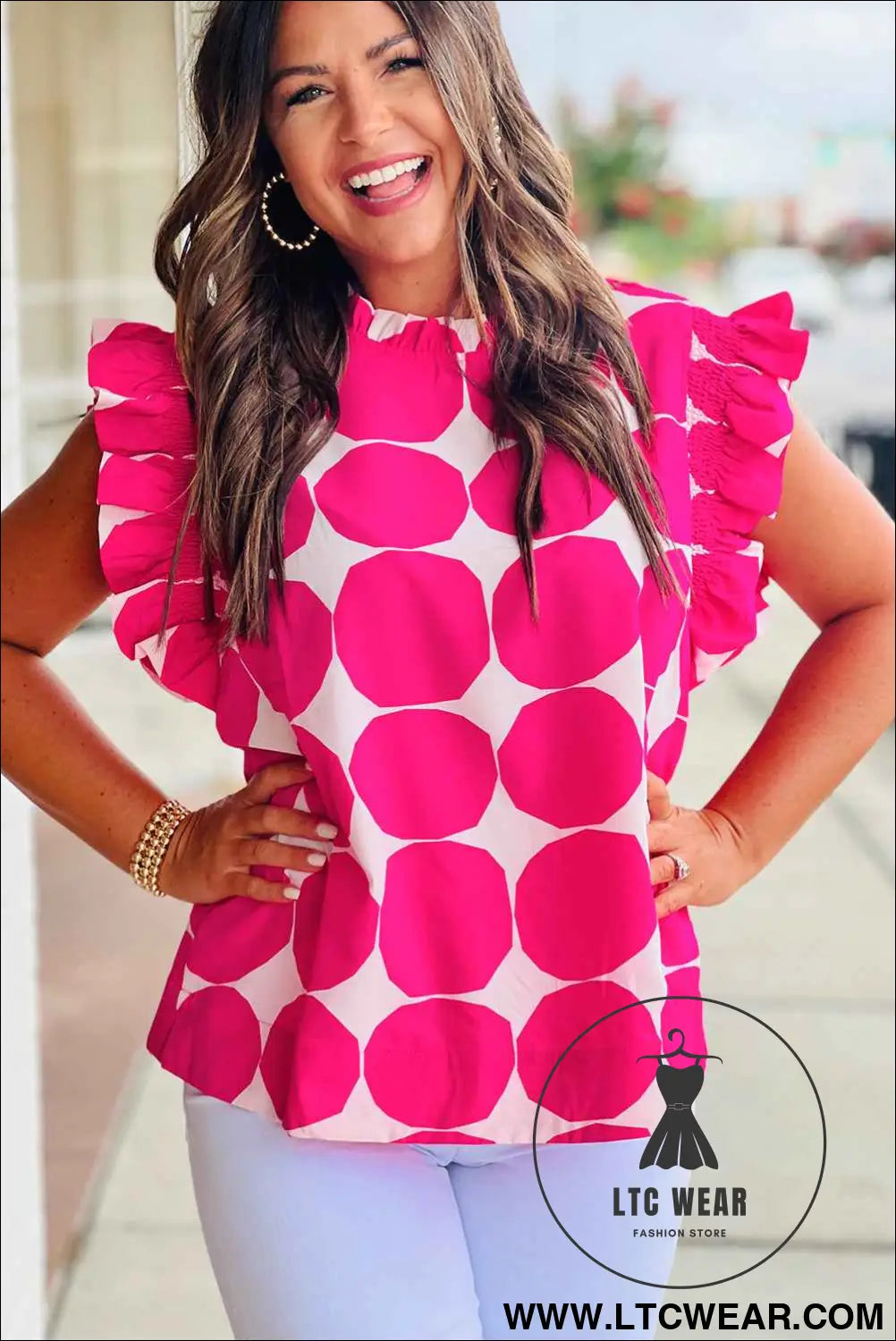 Rose Polka Dot Pattern Frill Neck Flutter Sleeve Top