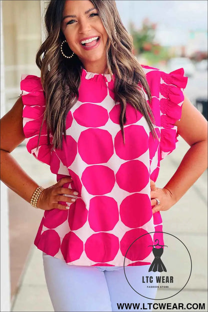 Rose Polka Dot Pattern Frill Neck Flutter Sleeve Top