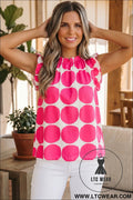 Rose polka dot print frilled round neck shift tank top - rose / l / 100% polyester - tank tops