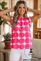 Rose polka dot print frilled round neck shift tank top - rose / l / 100% polyester - tank tops