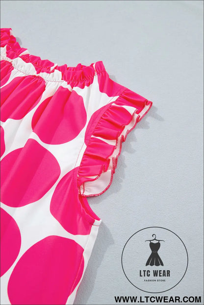 Rose polka dot print frilled round neck shift tank top - tank tops