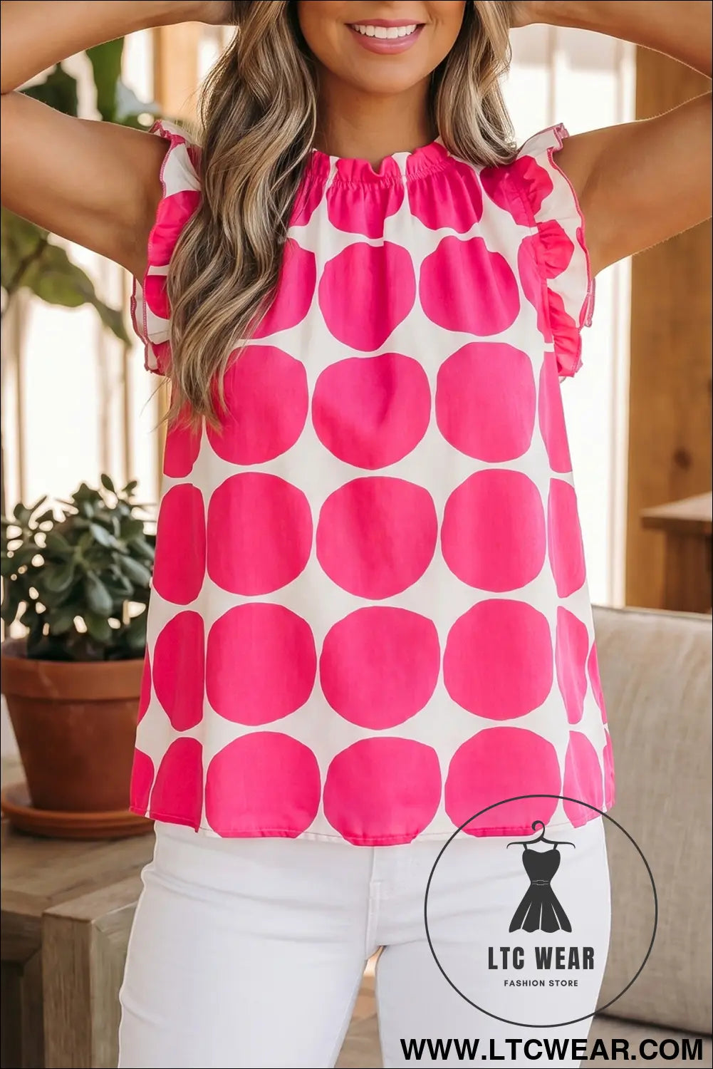 Rose polka dot print frilled round neck shift tank top - tank tops