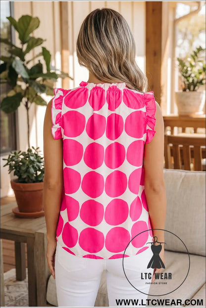 Rose polka dot print frilled round neck shift tank top - tank tops